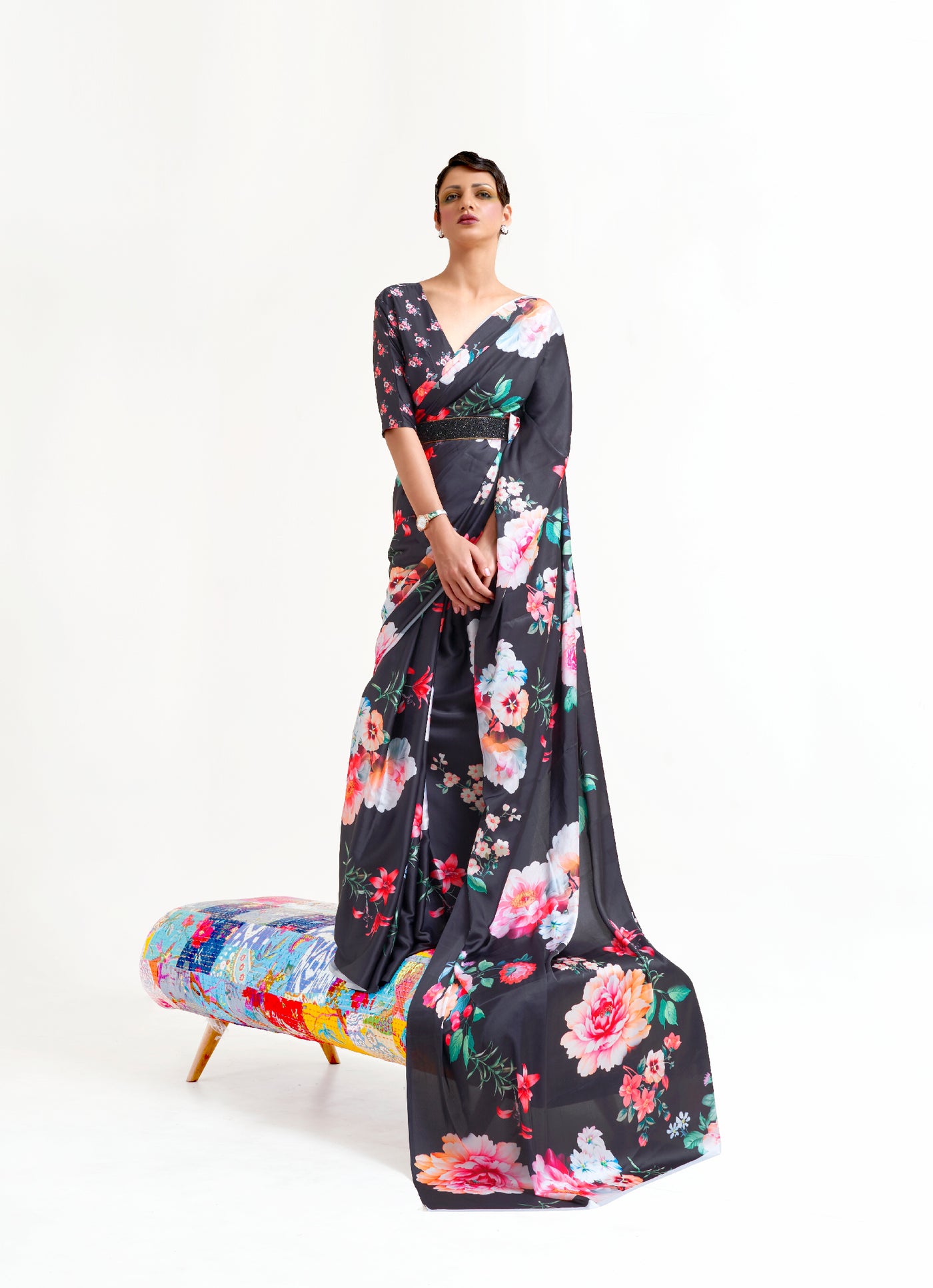 Black White-Pink Digital Printed Soft Crepe Saree with Bollywood Drape & Floral Patterns