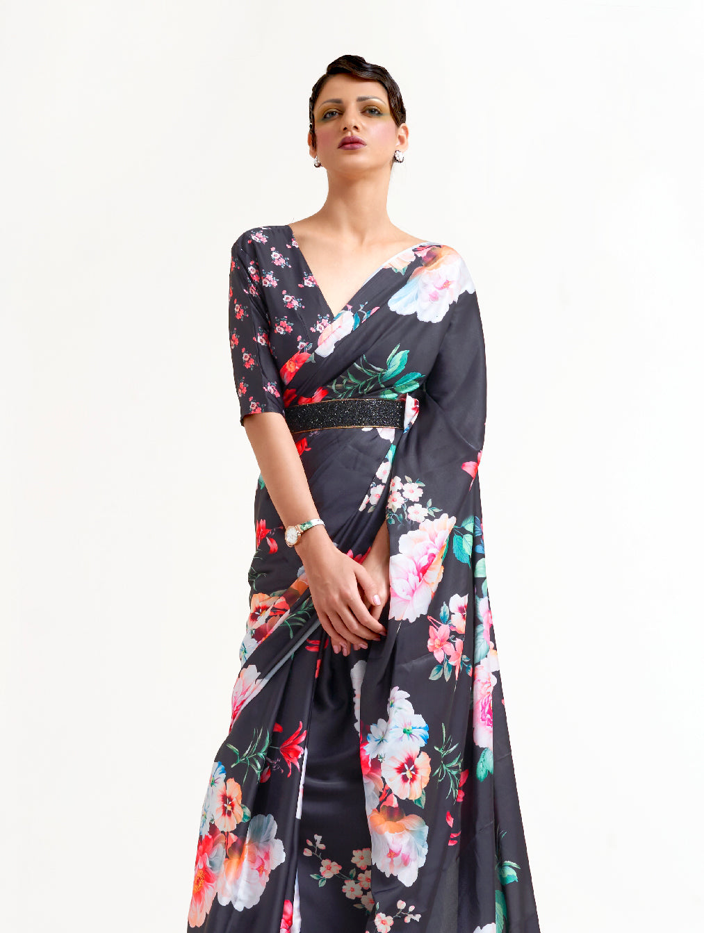 Black White-Pink Digital Printed Soft Crepe Saree with Bollywood Drape & Floral Patterns