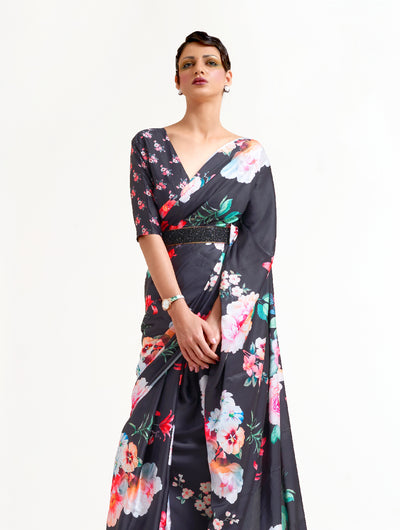 Black White-Pink Digital Printed Soft Crepe Saree with Bollywood Drape & Floral Patterns