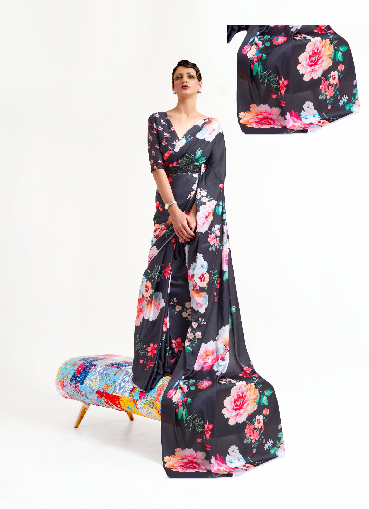 Black White-Pink Digital Printed Soft Crepe Saree with Bollywood Drape & Floral Patterns