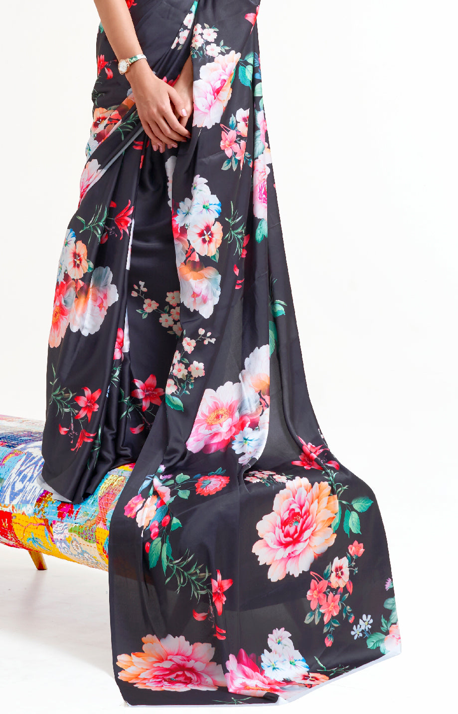 Black White-Pink Digital Printed Soft Crepe Saree with Bollywood Drape & Floral Patterns