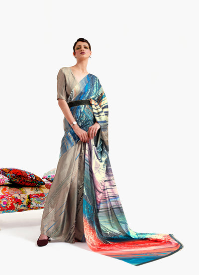 Beige-Camel Brown and Sapphire Blue Digital Printed Soft Crepe Saree with Bollywood Drape & Floral Patterns