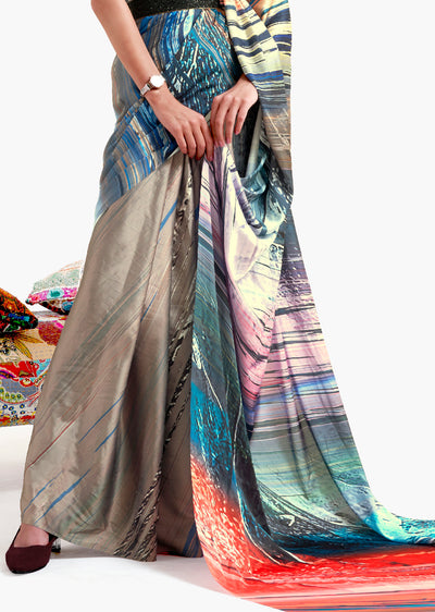 Beige-Camel Brown and Sapphire Blue Digital Printed Soft Crepe Saree with Bollywood Drape & Floral Patterns