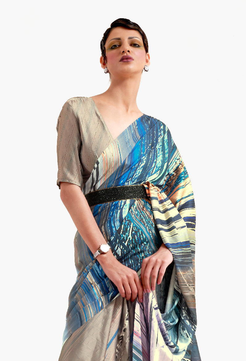 Beige-Camel Brown and Sapphire Blue Digital Printed Soft Crepe Saree with Bollywood Drape & Floral Patterns