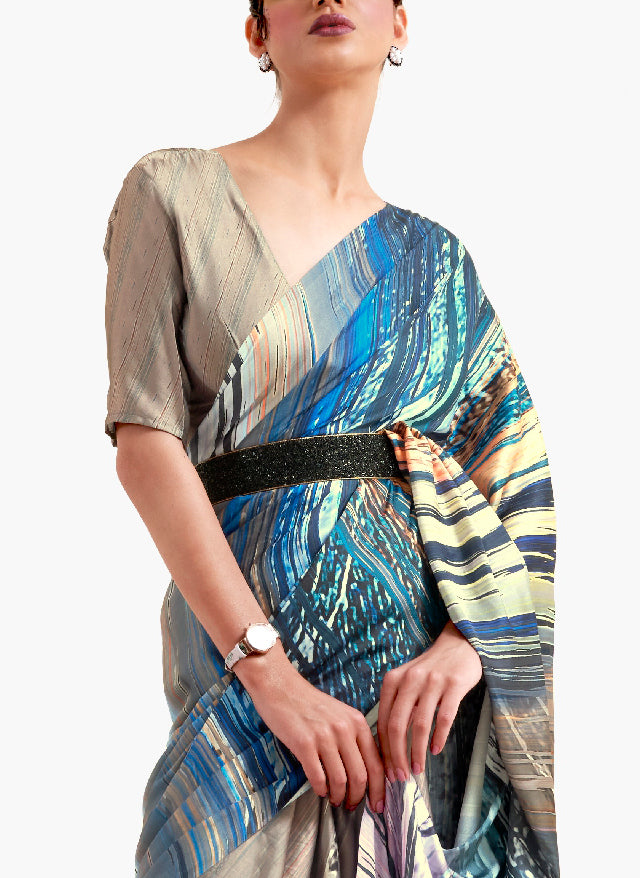 Beige-Camel Brown and Sapphire Blue Digital Printed Soft Crepe Saree with Bollywood Drape & Floral Patterns