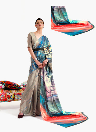 Beige-Camel Brown and Sapphire Blue Digital Printed Soft Crepe Saree with Bollywood Drape & Floral Patterns