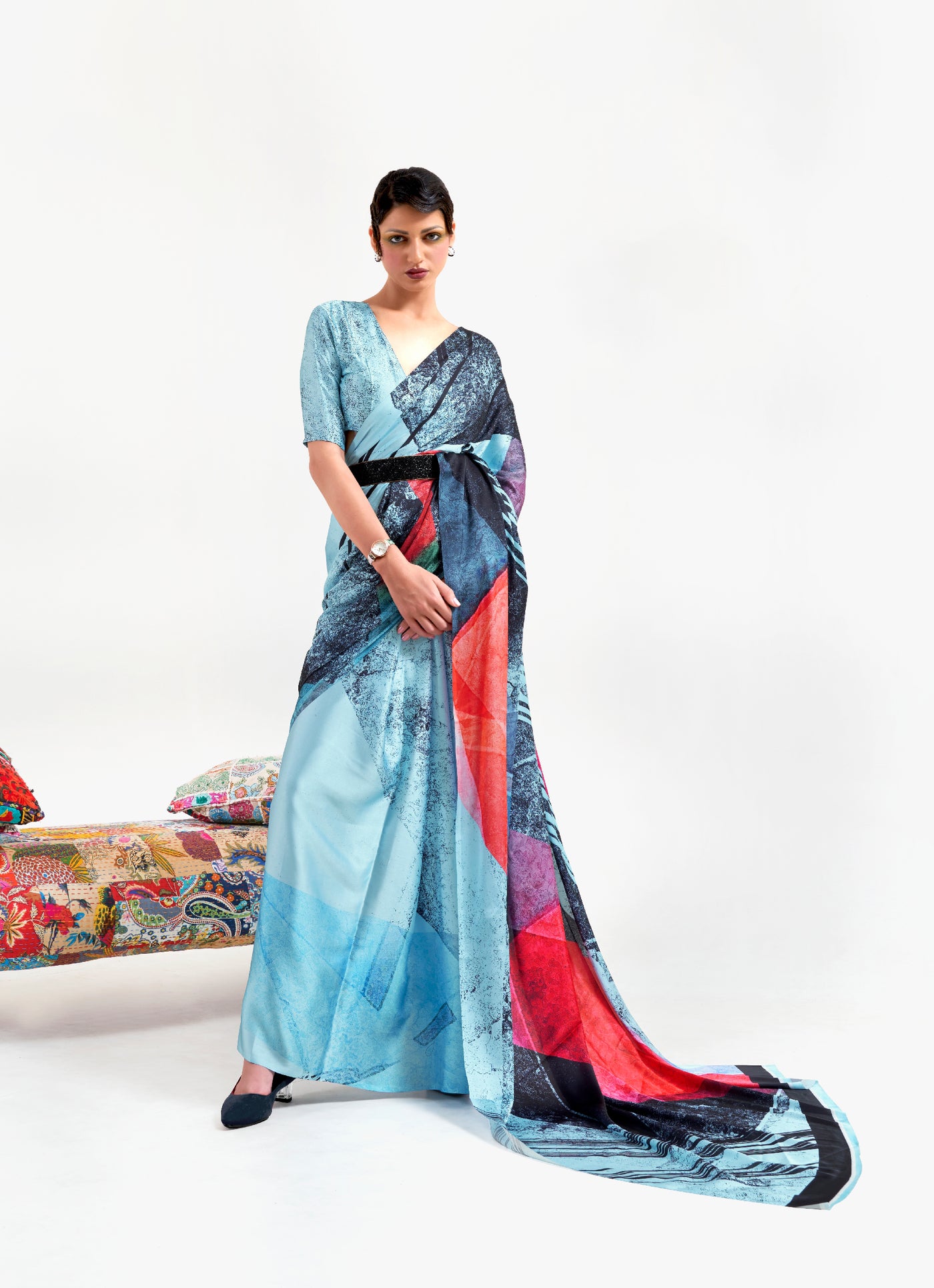 Ice Blue and Ebony Red Digital Printed Soft Crepe Saree with Bollywood Drape & Floral Patterns