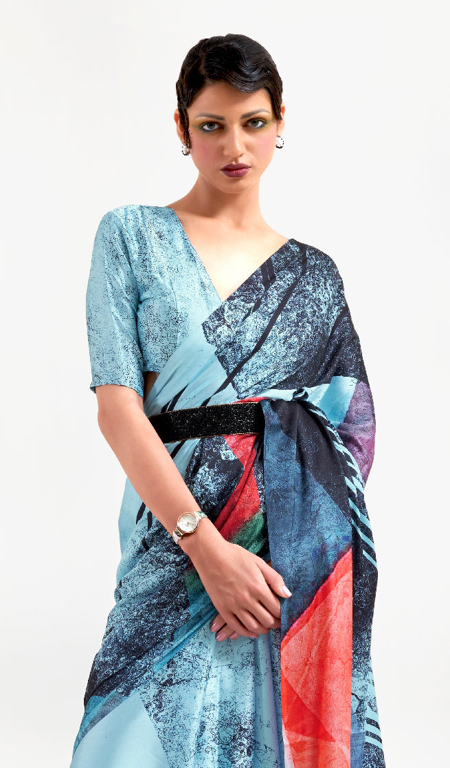 Ice Blue and Ebony Red Digital Printed Soft Crepe Saree with Bollywood Drape & Floral Patterns