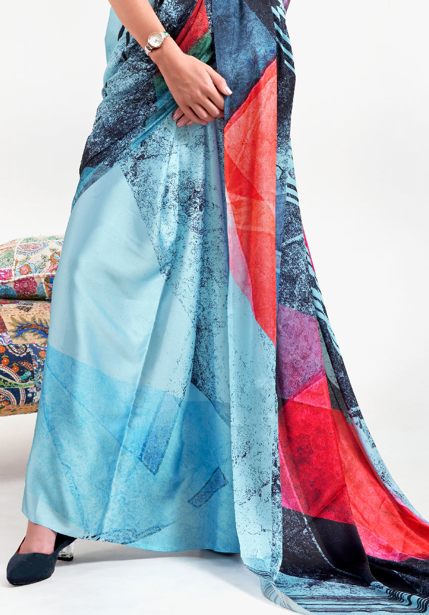 Ice Blue and Ebony Red Digital Printed Soft Crepe Saree with Bollywood Drape & Floral Patterns