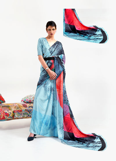 Ice Blue and Ebony Red Digital Printed Soft Crepe Saree with Bollywood Drape & Floral Patterns