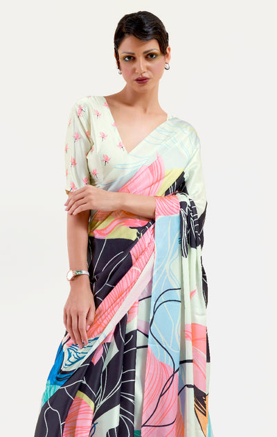 Black and Pastel Green-White Digital Printed Soft Crepe Saree with Bollywood Drape & Floral Patterns