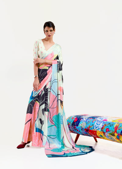 Black and Pastel Green-White Digital Printed Soft Crepe Saree with Bollywood Drape & Floral Patterns