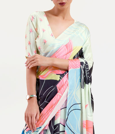 Black and Pastel Green-White Digital Printed Soft Crepe Saree with Bollywood Drape & Floral Patterns