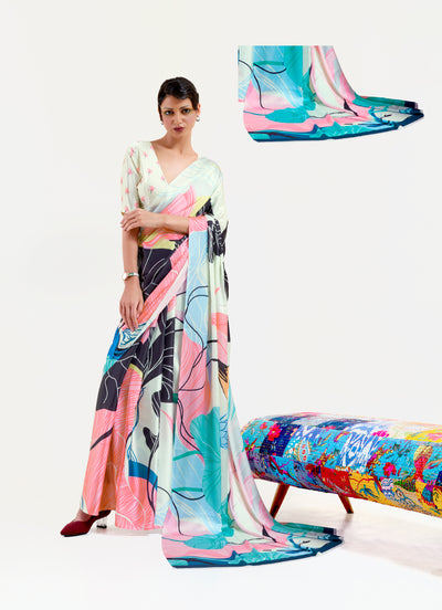 Black and Pastel Green-White Digital Printed Soft Crepe Saree with Bollywood Drape & Floral Patterns