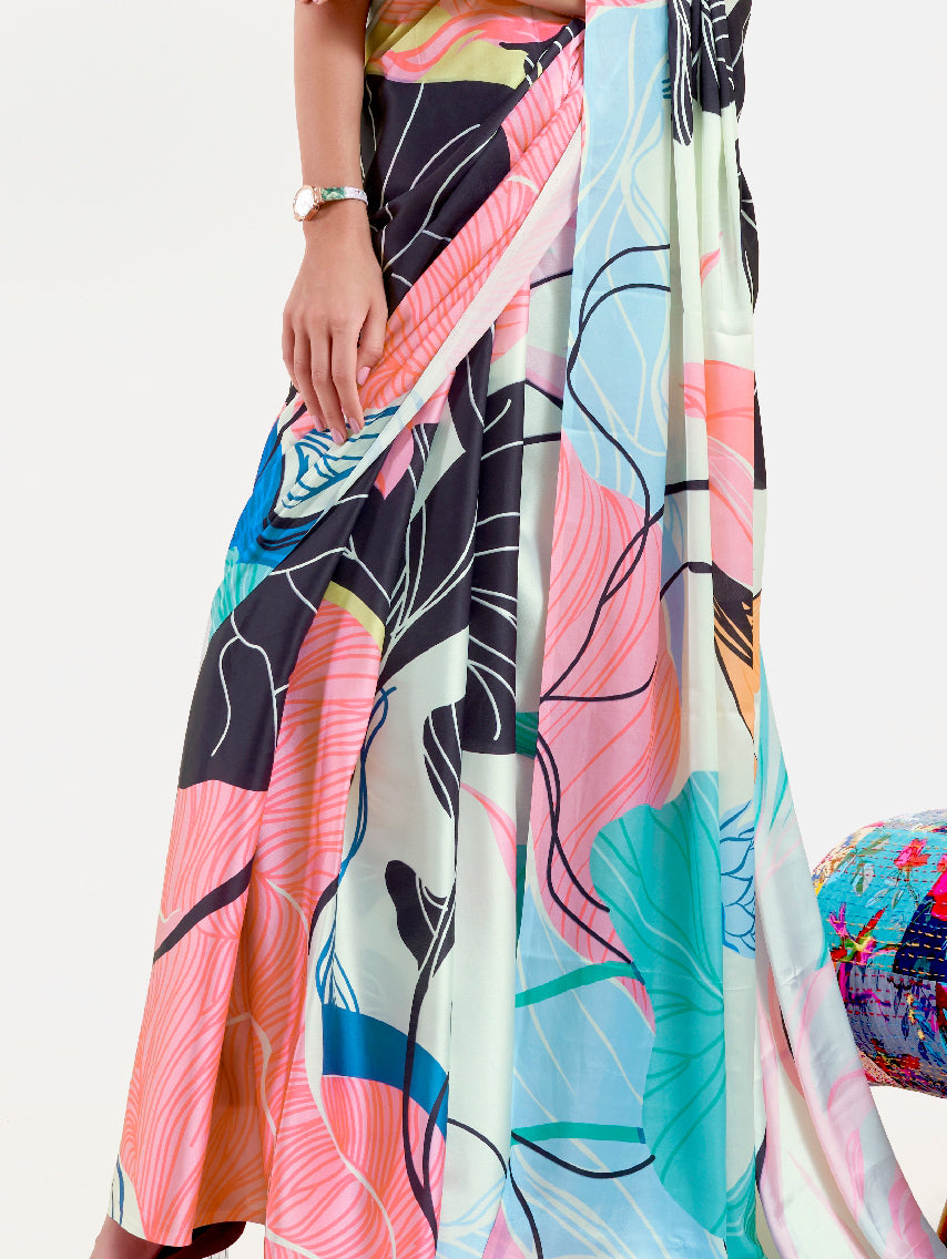 Black and Pastel Green-White Digital Printed Soft Crepe Saree with Bollywood Drape & Floral Patterns