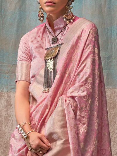 Baby Pink Pure Satin Handloom Weaving Art Silk Saree – Regal Attire for Festive Wear