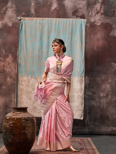 Baby Pink Pure Satin Handloom Weaving Art Silk Saree – Regal Attire for Festive Wear