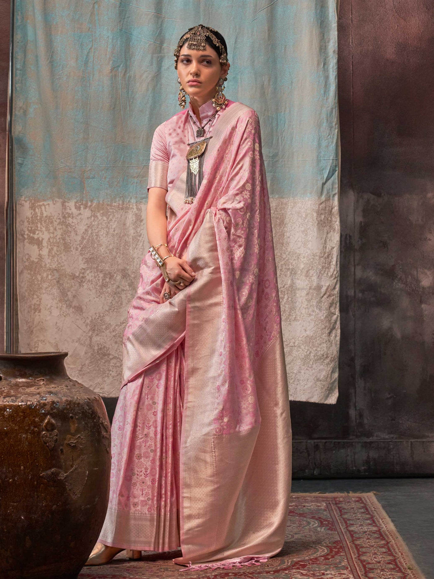 Kosha Silk Baby Pink Pure Satin Handloom Weaving Saree – Regal Attire for Festive Wear