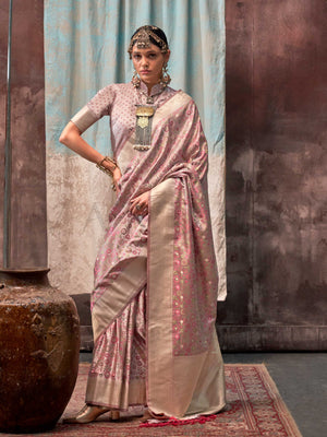 Kosha Silk Blush Pink & Beige Pure Satin Handloom Weaving Saree – Handwoven Heritage for Grand Occasions