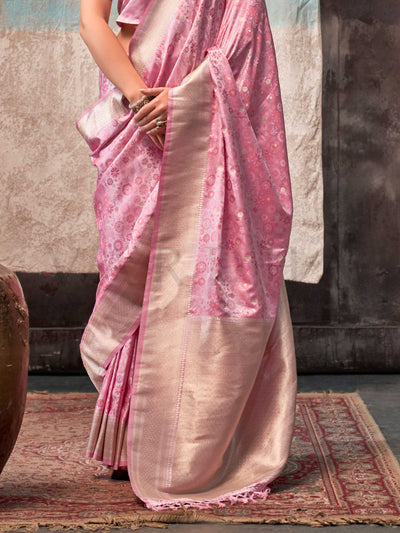 Rosy Pink Pure Satin Handloom Weaving Art Silk Saree – Luxury Drape for Special Events