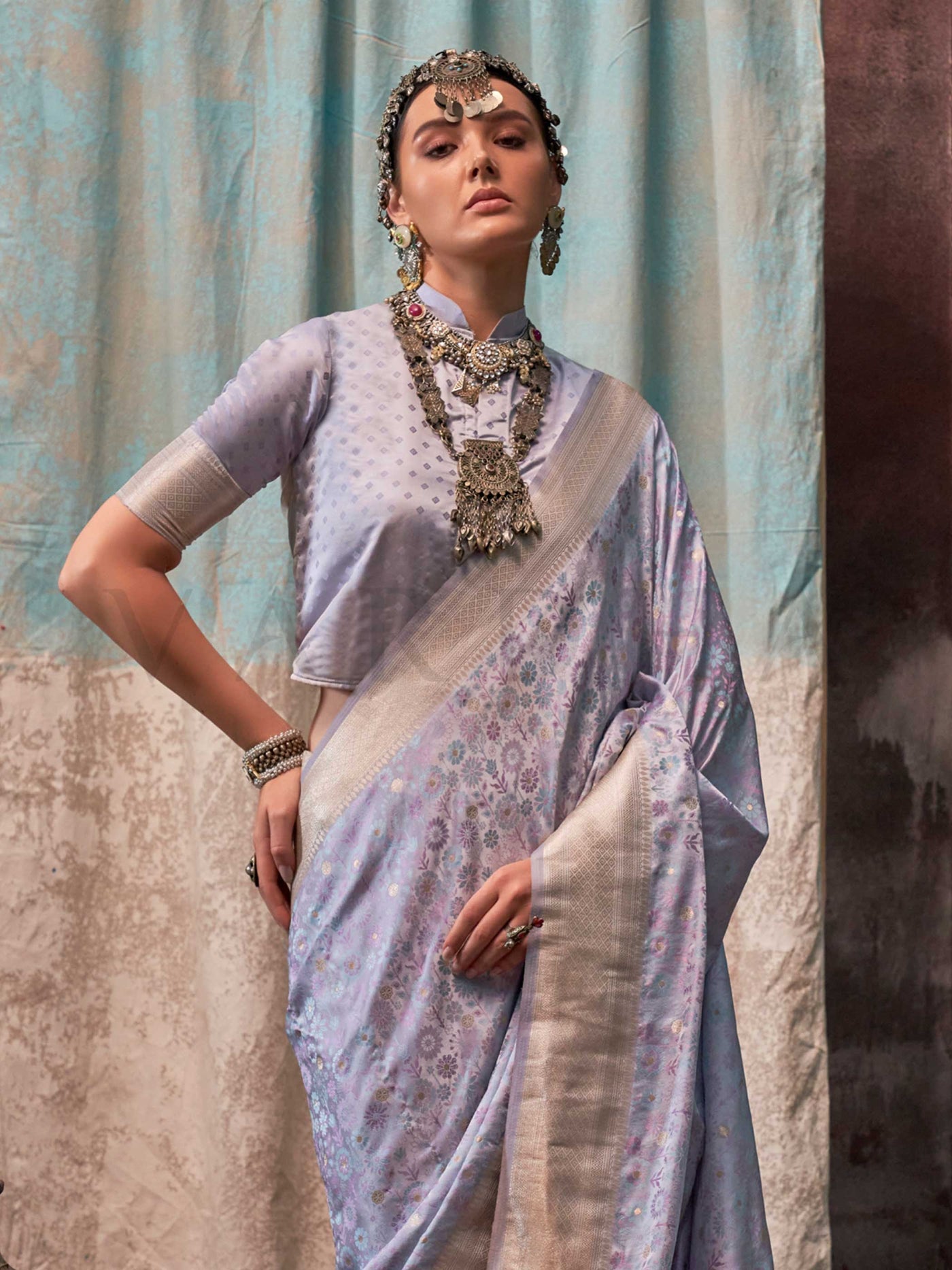 Soft Blue & Ivory Pure Satin Handloom Weaving Art Silk Saree – Handcrafted Ethnic Excellence