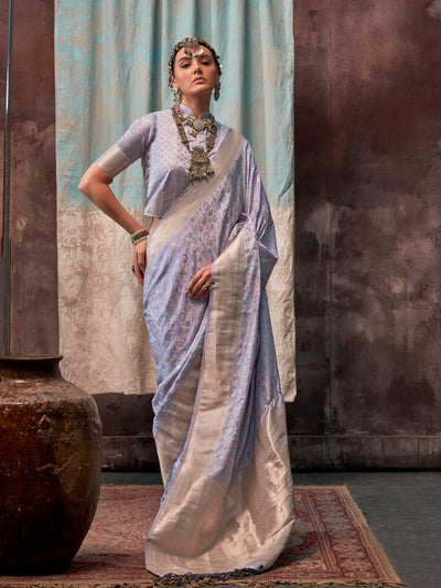 Kosha Silk Soft Blue & Ivory Pure Satin Handloom Weaving Saree – Handcrafted Ethnic Excellence