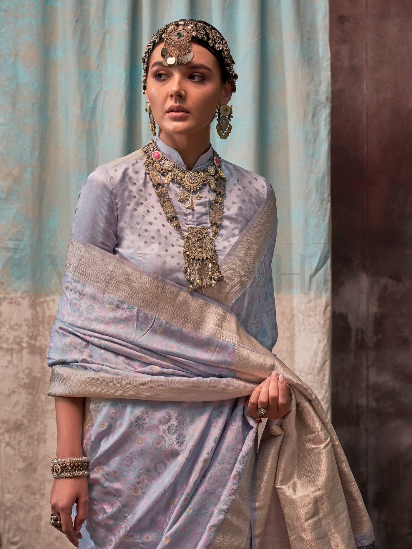 Soft Blue & Ivory Pure Satin Handloom Weaving Art Silk Saree – Handcrafted Ethnic Excellence