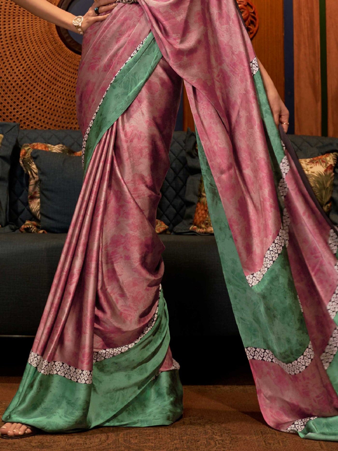 Amaranth-Viridian Bollywood Crepe Saree with Stylish Digital Print & Luxe Festive Glam