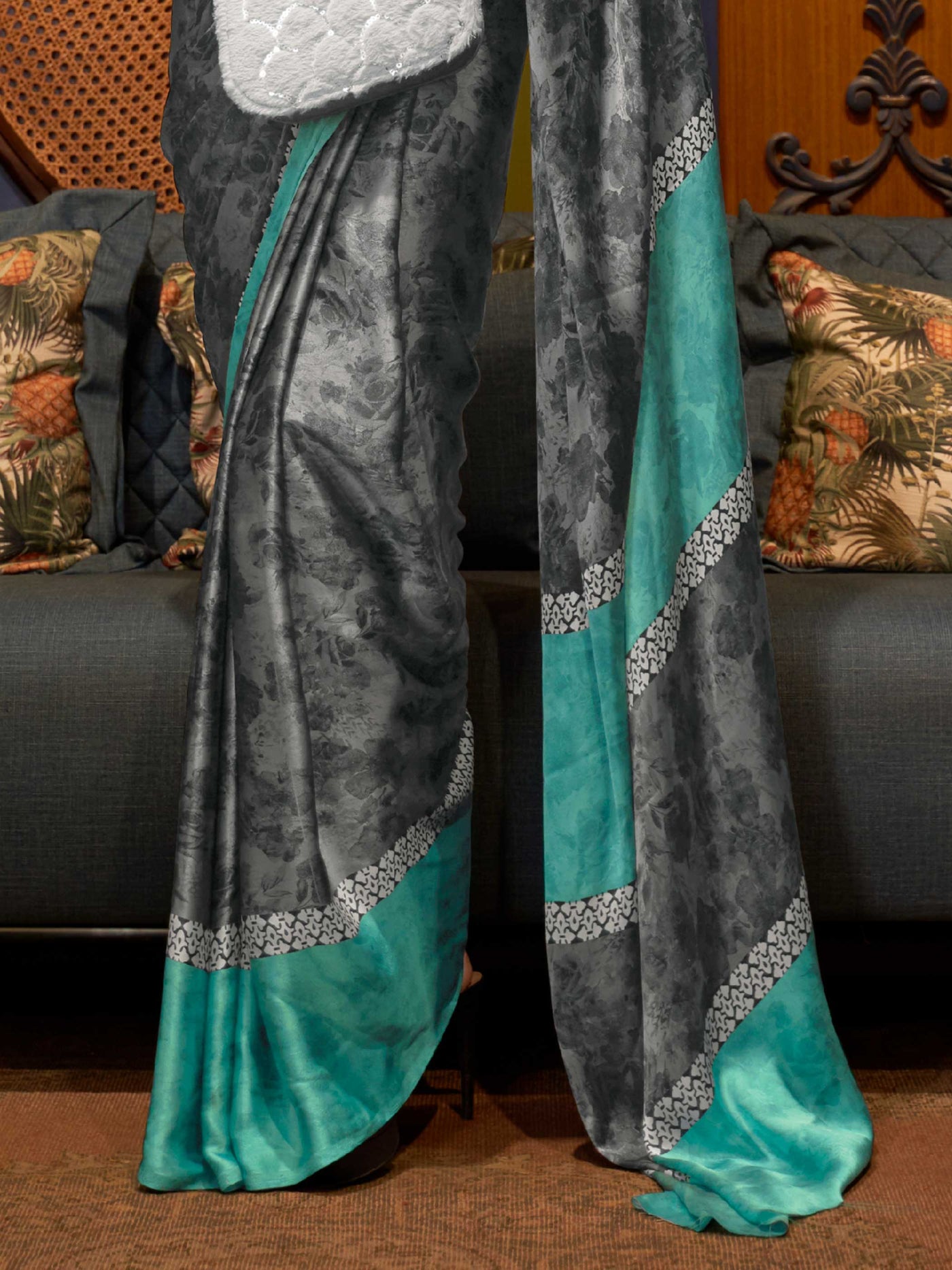 Ash Grey-Robin Egg Blue Bollywood Crepe Saree with Stylish Digital Print & Luxe Festive Glam