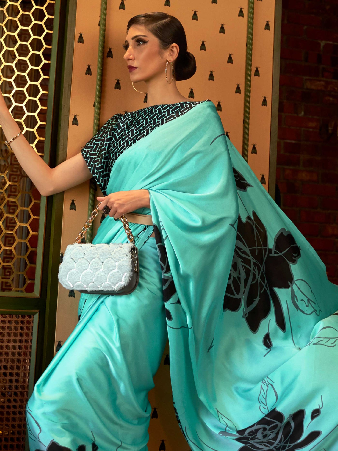 Cyan Blue-Smoky Black Bollywood Crepe Saree with Stylish Digital Print & Luxe Festive Glam