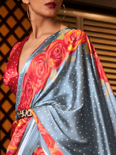 Cadet Grey-Fire Engine Bollywood Crepe Saree with Stylish Digital Print & Luxe Festive Glam