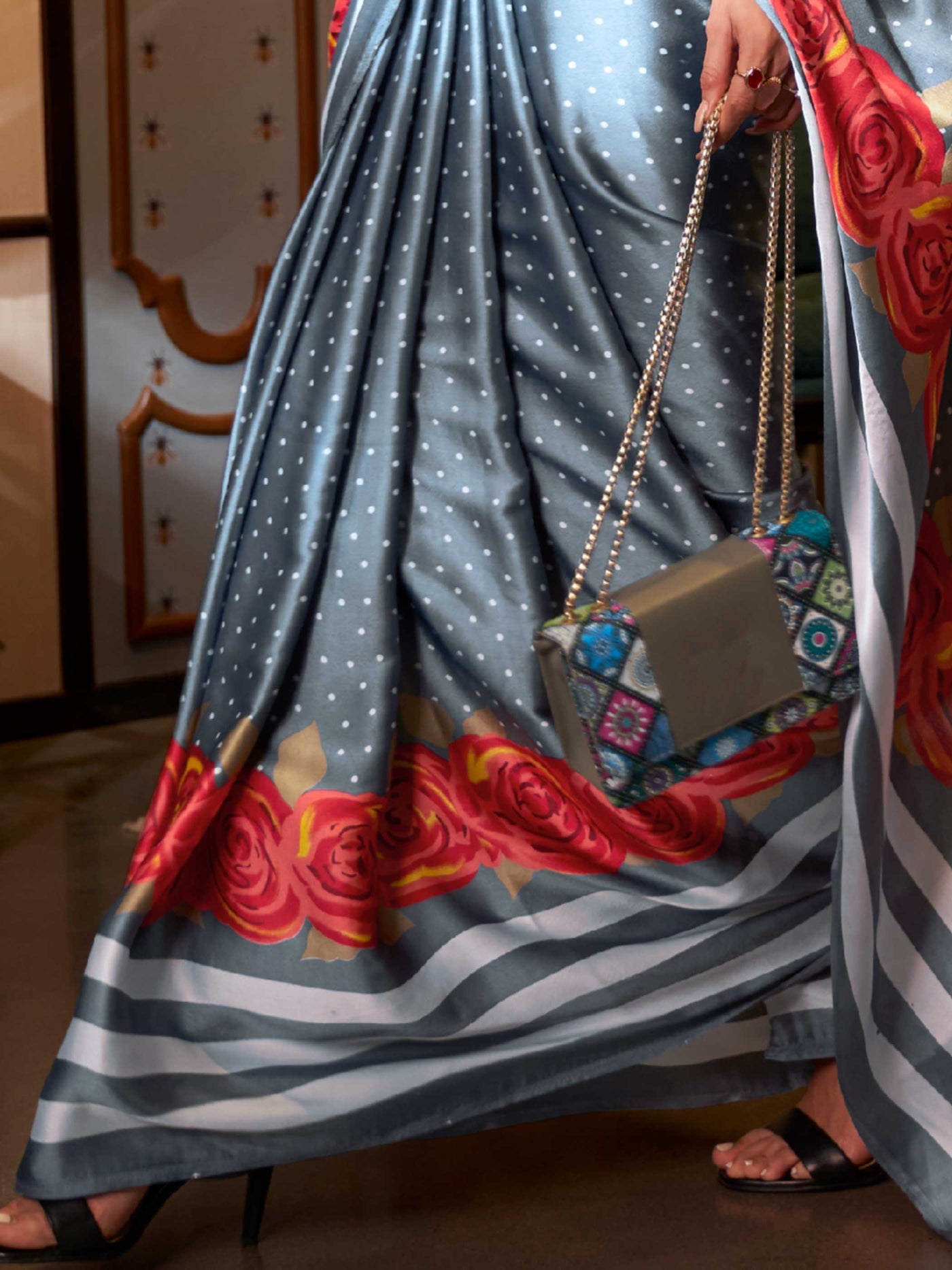 Cadet Grey-Fire Engine Bollywood Crepe Saree with Stylish Digital Print & Luxe Festive Glam