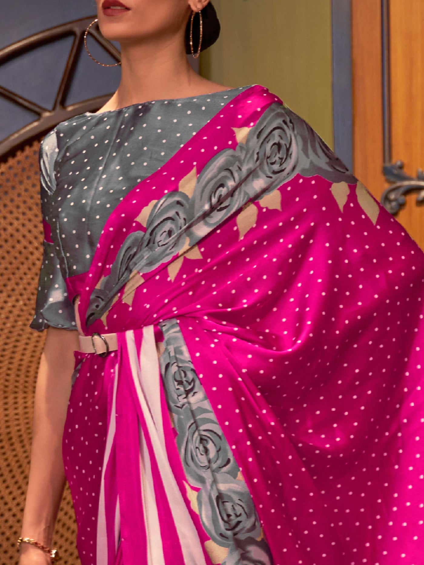 Barbie Pink-Ash Grey Bollywood Crepe Saree with Stylish Digital Print & Luxe Festive Glam