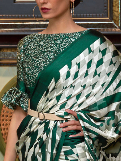 Ivory-Brunswick Green Bollywood Crepe Saree with Stylish Digital Print & Luxe Festive Glam