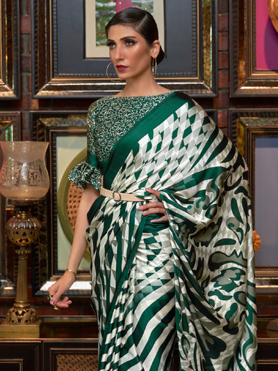 Ivory-Brunswick Green Bollywood Crepe Saree with Stylish Digital Print & Luxe Festive Glam