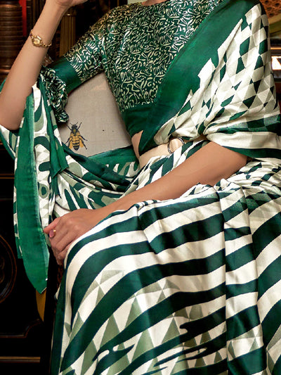 Ivory-Brunswick Green Bollywood Crepe Saree with Stylish Digital Print & Luxe Festive Glam