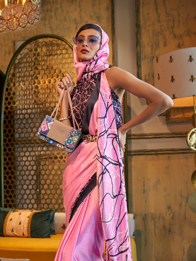 Carnation Pink-Licorice Bollywood Crepe Saree with Stylish Digital Print & Luxe Festive Glam