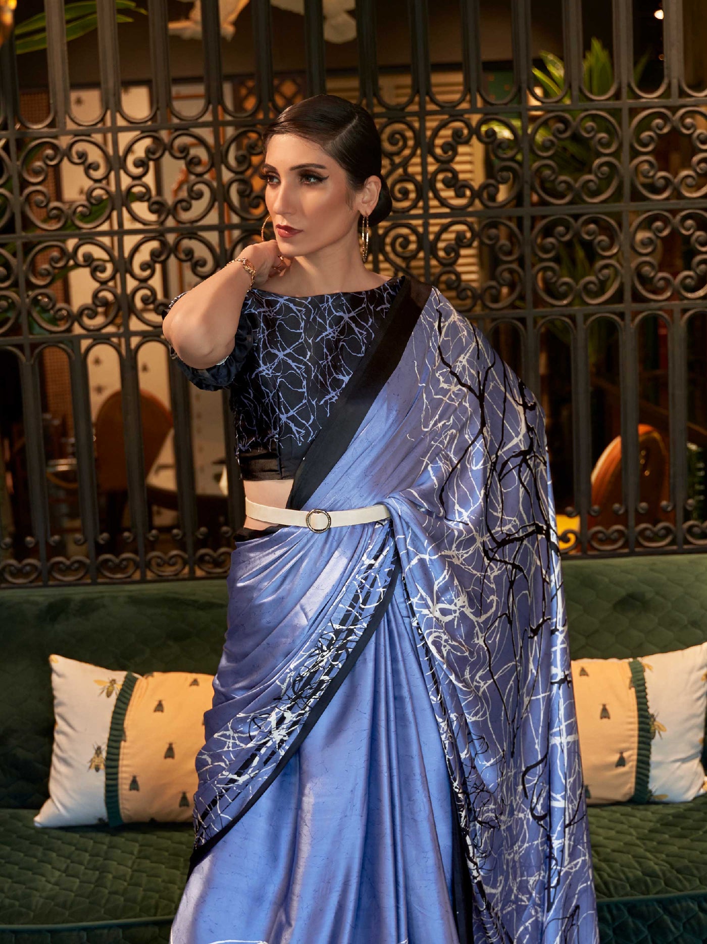 Carolina Blue-Licorice Bollywood Crepe Saree with Stylish Digital Print & Luxe Festive Glam