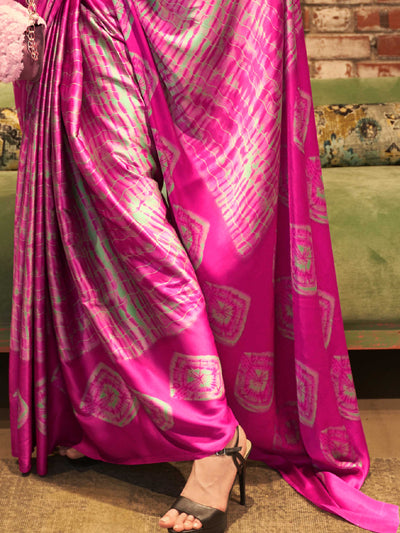 Barbie Pink Bollywood Crepe Saree with Stylish Digital Print & Luxe Festive Glam