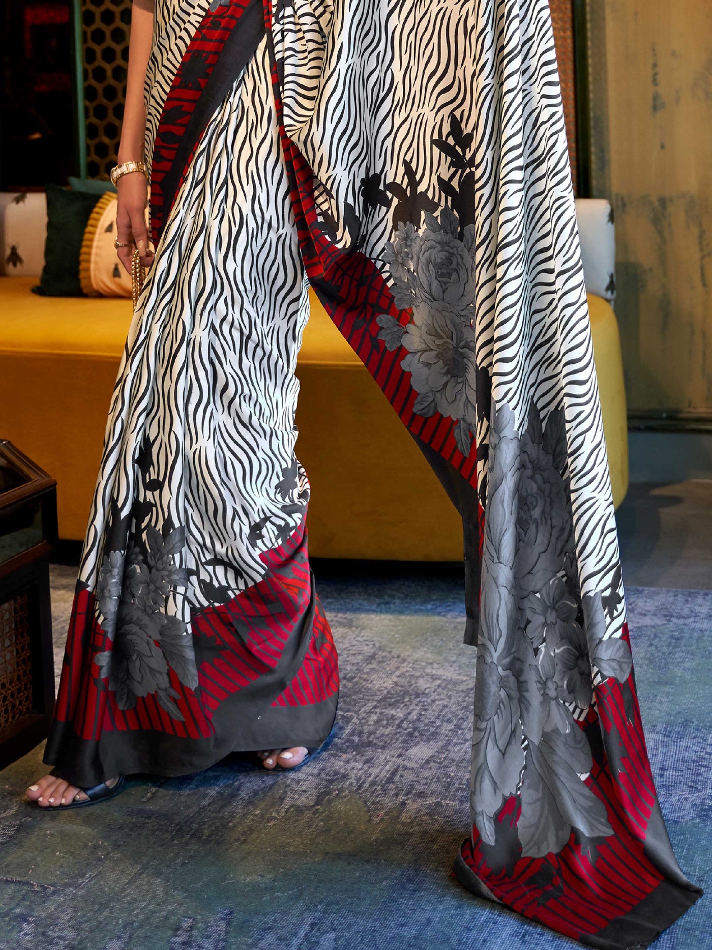 Snow White-Smoky Black-Blood Red Bollywood Crepe Saree with Stylish Digital Print & Luxe Festive Glam