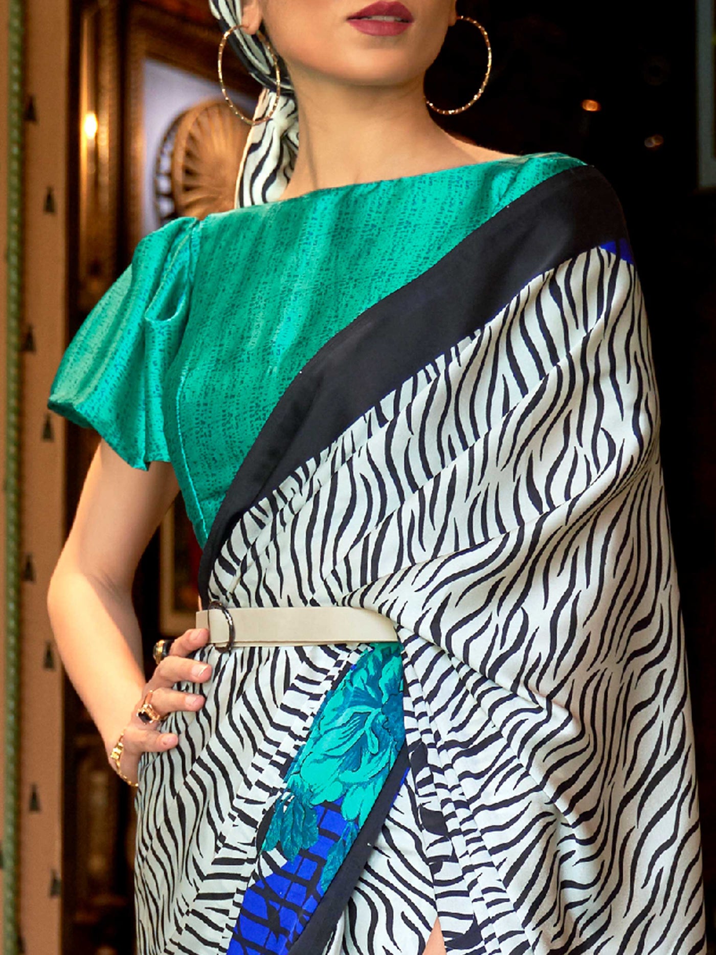 Snow White-Royal Blue-Ebony Bollywood Crepe Saree with Stylish Digital Print & Luxe Festive Glam