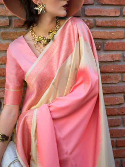 Peach & Yellow Soft Art Silk Handloom Saree with Contrast Pallu Elegant Festive Wear