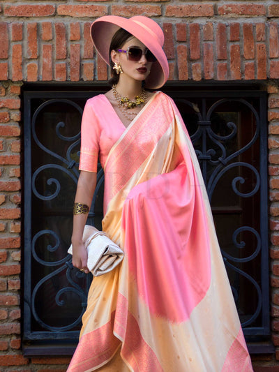 Peach & Yellow Soft Art Silk Handloom Saree with Contrast Pallu Elegant Festive Wear