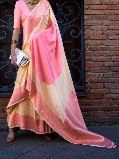 Peach & Yellow Soft Art Silk Handloom Saree with Contrast Pallu Elegant Festive Wear