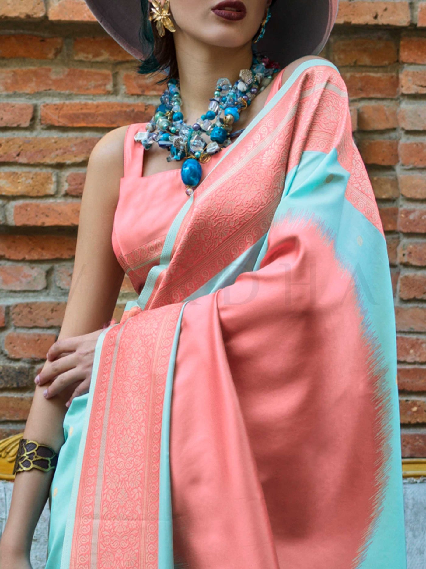 Aqua Blue & Coral Soft Art Silk Handloom Saree with Woven Border Luxe Ethnic Drape