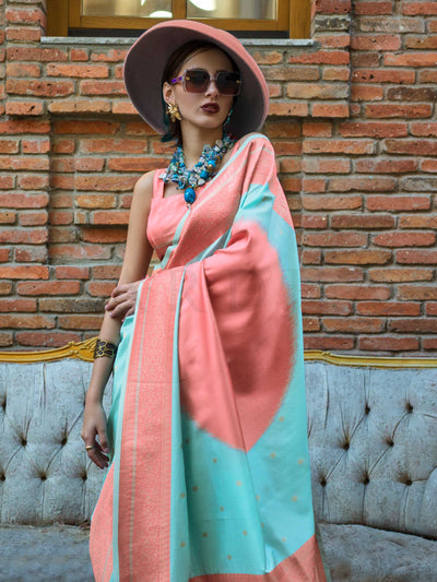 Aqua Blue & Coral Soft Art Silk Handloom Saree with Woven Border Luxe Ethnic Drape