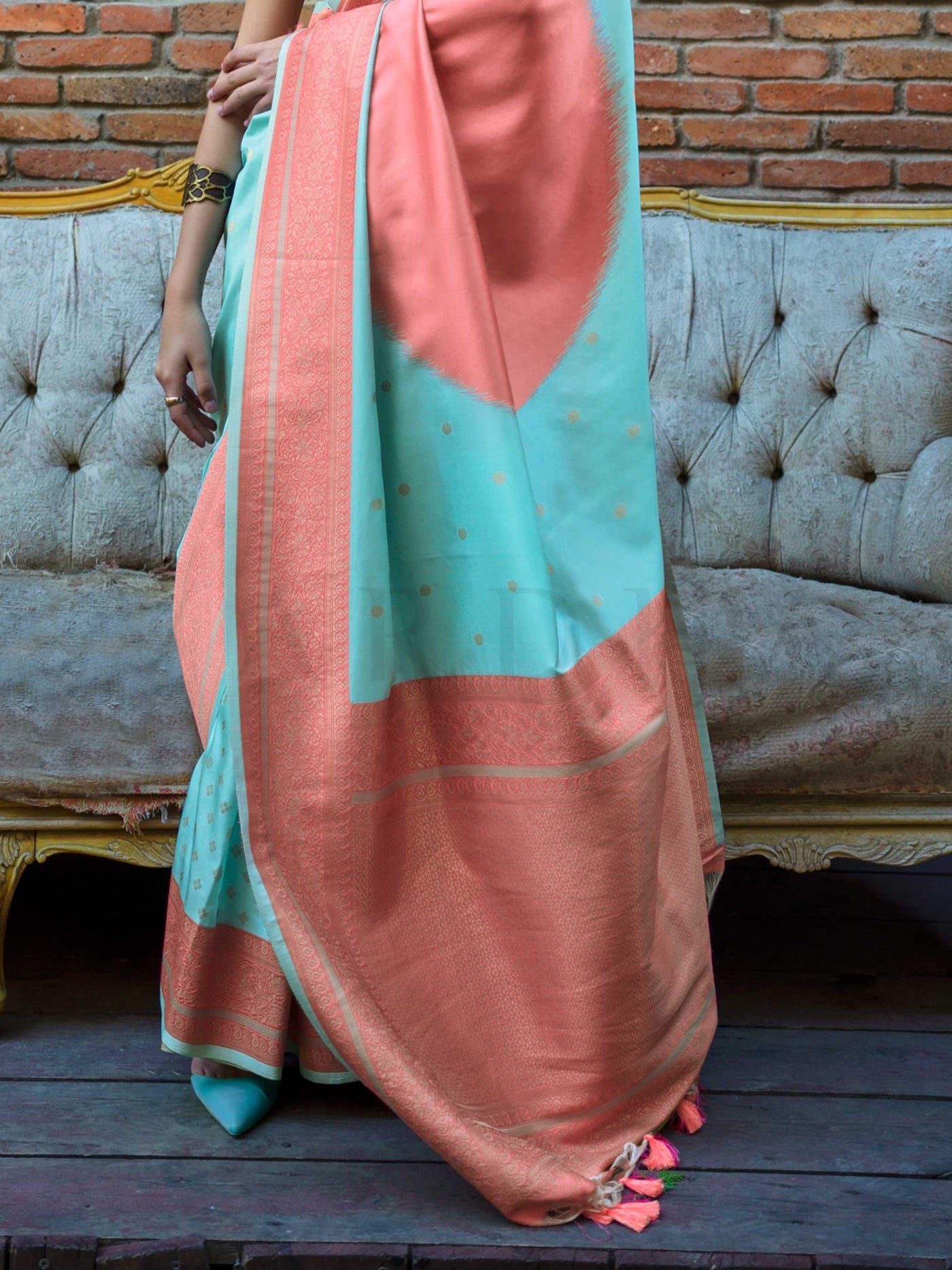 Aqua Blue & Coral Soft Art Silk Handloom Saree with Woven Border Luxe Ethnic Drape