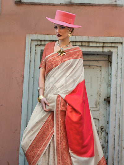 Ivory & Red Soft Art Silk Handloom Saree with Traditional Weave Classic Wedding Saree