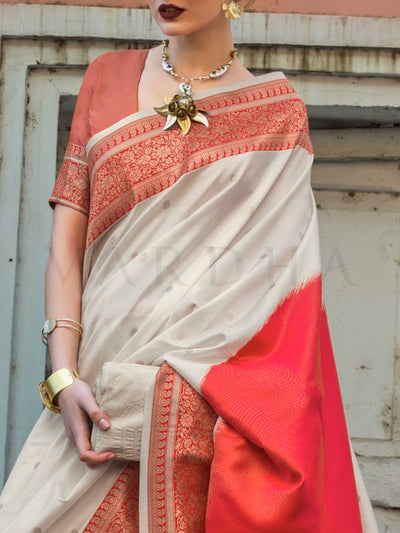 Ivory & Red Soft Art Silk Handloom Saree with Traditional Weave Classic Wedding Saree