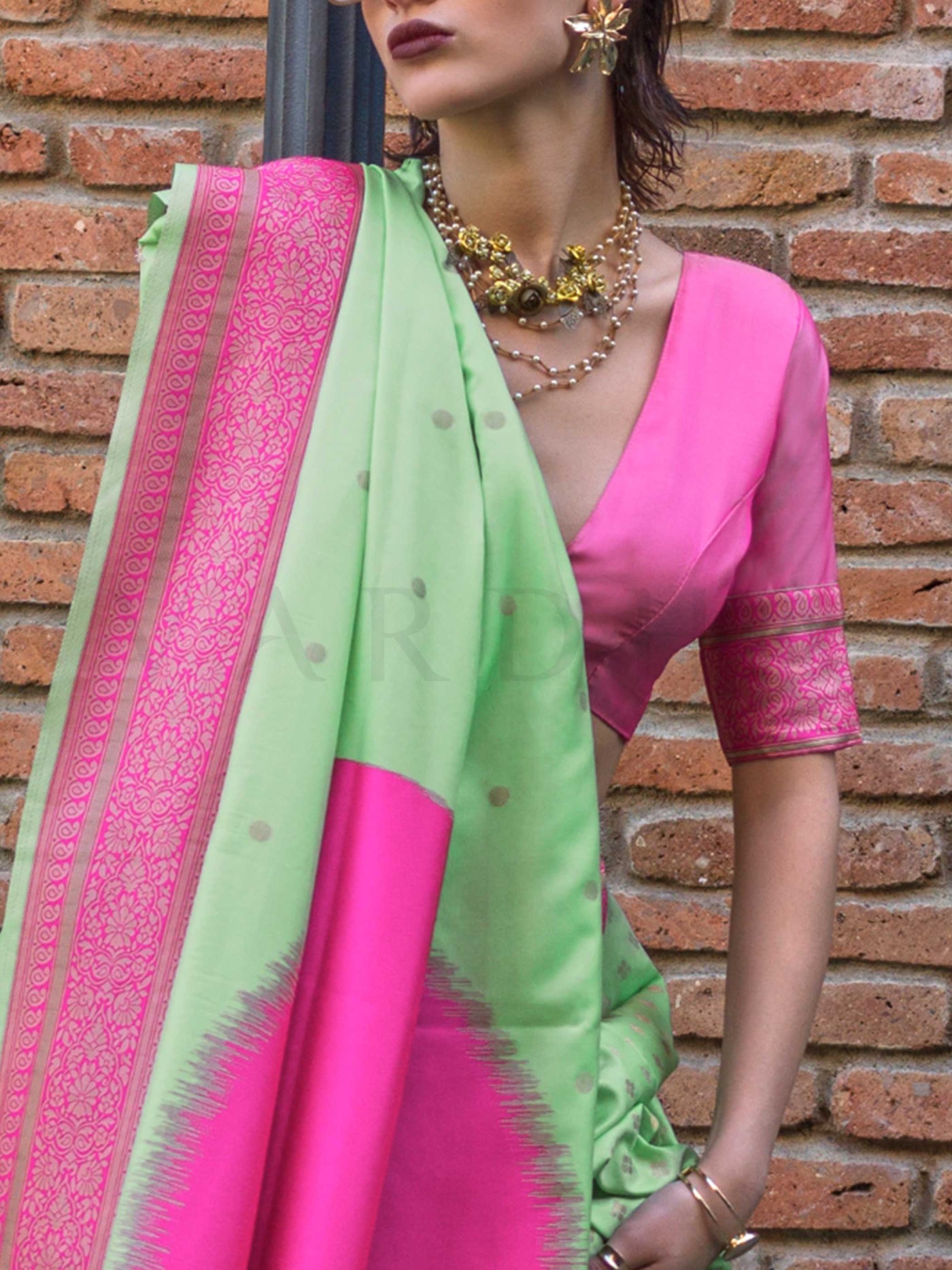 Neon Green & Pink Soft Art Silk Handloom Saree with Zari Accents Designer Statement Piece